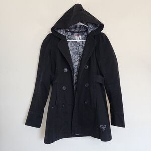 Roxy Black Hooded Pea Coat Style w/ Embroidered Heart Logo Size Small